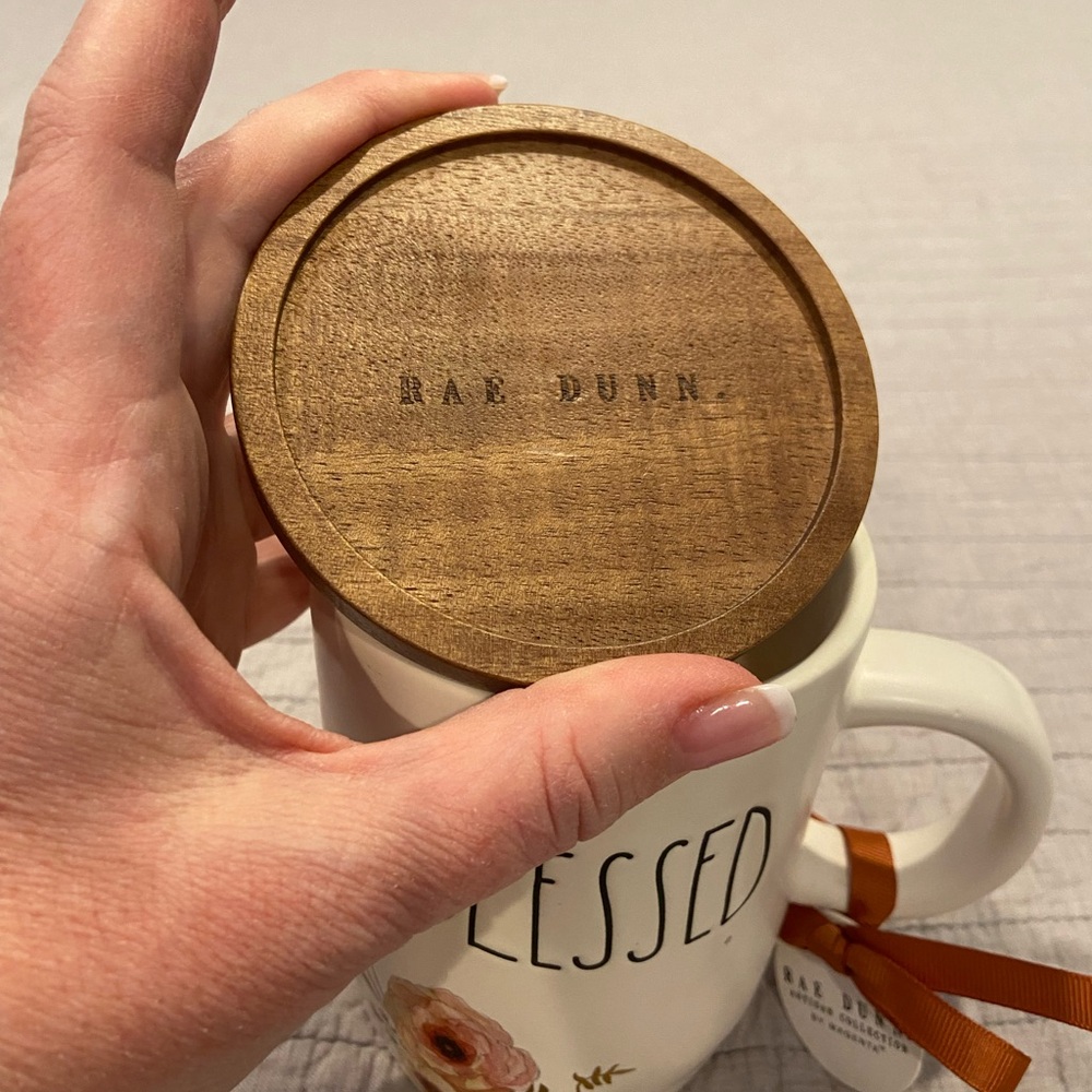 Rae Dunn “BLESSED” Mug w/ Wooden Lid & Coaster | Floral | Artisan Collection NWT - Picture 2 of 5